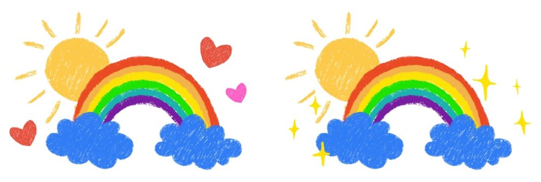 Two cheerful rainbow illustrations combine colorful arches, blue clouds, sun, hearts, and golden sparkles in playful compositions for children&rsquo;s graphics, nursery themes, and cheerful greeting cards.