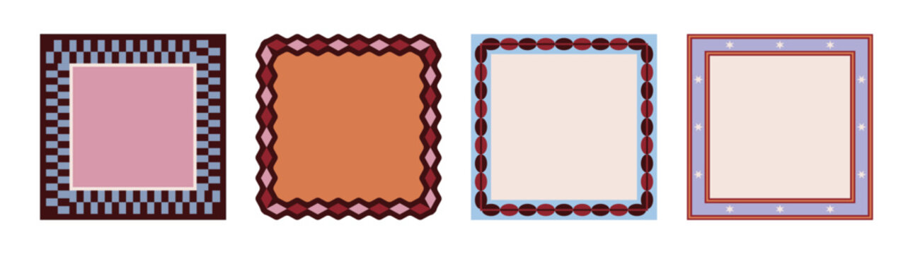 Vector Decorative frame collection featuring geometric borders, checkerboard patterns. Retro inspired rectangular frames  for invitations, posters, labels, stationery