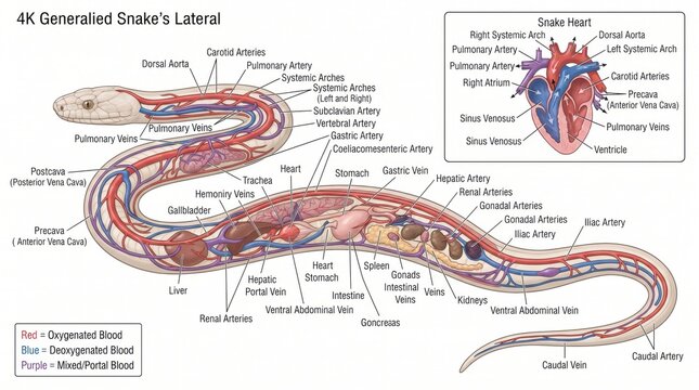 Detailed anatomical illustration of a generalized snakes circulatory system and internal organs