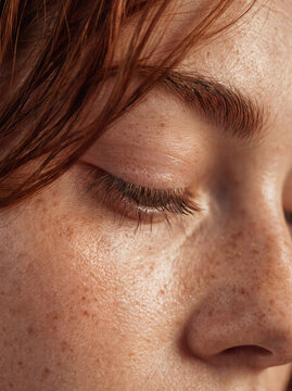 Extreme close-up of freckled skin, closed eye and eyelashes on redhead woman