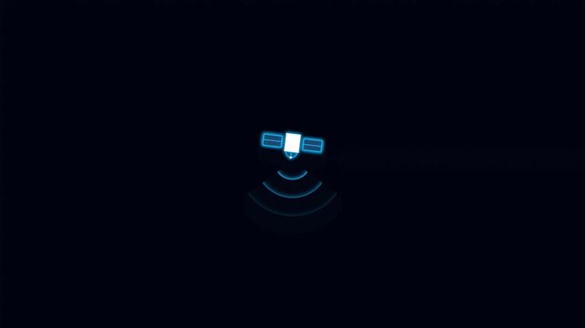 Minimalist Glowing Blue Satellite Icon Emitting Signal Waves on Black Background for Technology and Communication Concepts