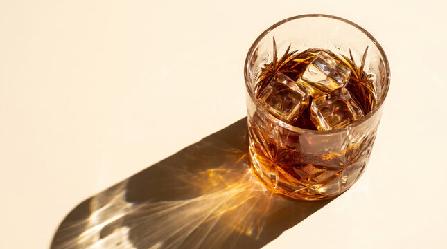 Whiskey glassware amber drink ice cube sunlight natural shadow still life. Pure serene cosy peace refresh purity glamour glow sunbeam ray refraction