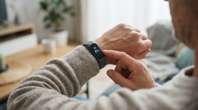 Senior man checking heart rate on wearable fitness tracker device at