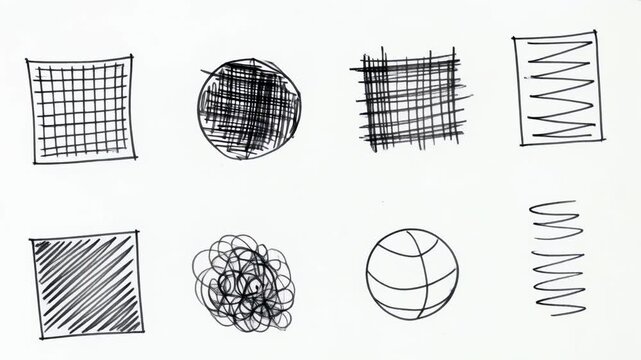Hand-drawn black felt-tip marker scribbles and rough crosshatch shapes on white paper, designed as graphic elements for covering.	