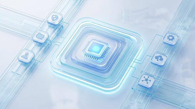 Central processing unit chip with glowing interface nodes and digital connectivity lines representing advanced artificial intelligence architecture and modern data management systems