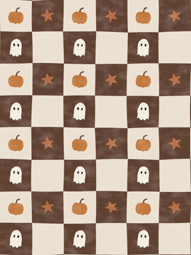 Fall Halloween Checkerboard Texture &mdash; Pumpkins & Friendly Ghosts
