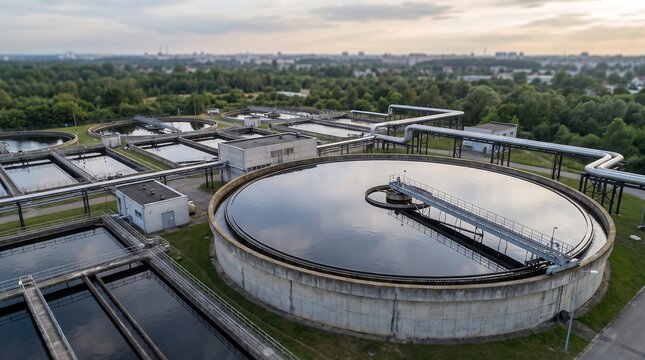 Wide aerial shot of municipal sewage treatment plant with circular tanks and pipeline network amidst rural landscape during overcast day showing industrial water management