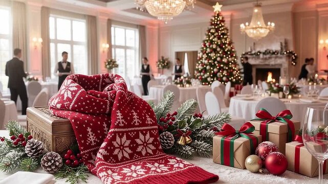 Elegant Christmas gala banquet hall decoration, luxury festive event interior with decorated tree, holiday party banquet venue layout