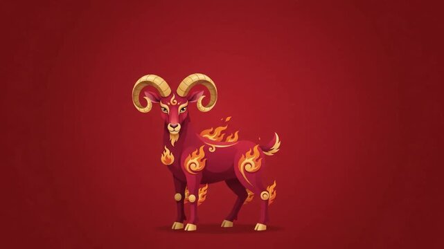 Stylized Ram with Fiery Accents on Red Background.