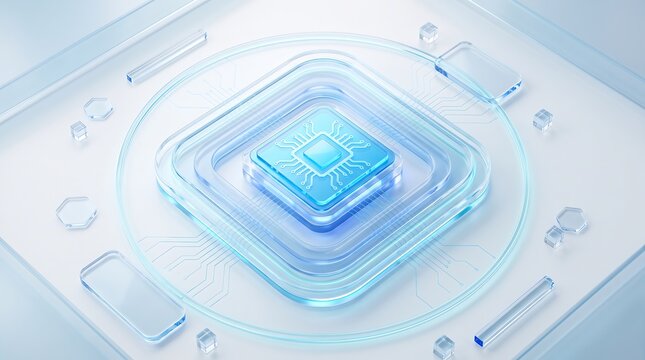 Central microprocessor chip floating above glowing glass circuitry motherboard background representing advanced artificial intelligence computing power and modern digital infrastructure technology