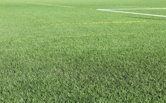 football field grass with subtle white lines visible, mostly green turf texture dominating the outdoor sports background