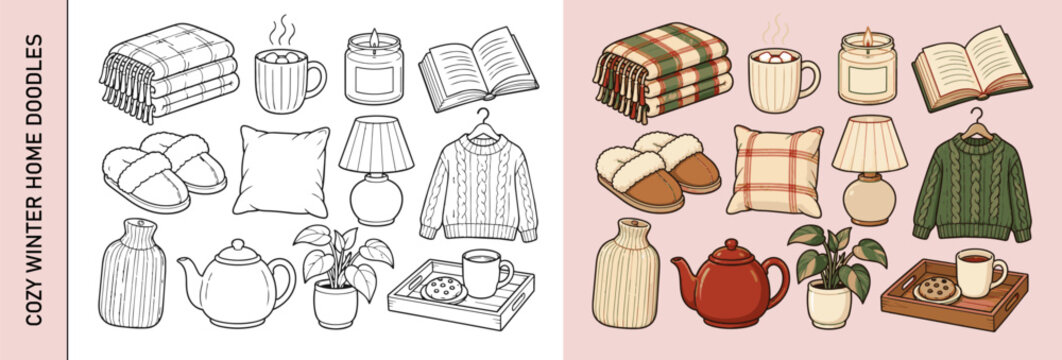 Warm Indoor Winter Vector Elements with Home Comfort Objects and Cozy Living Details	
