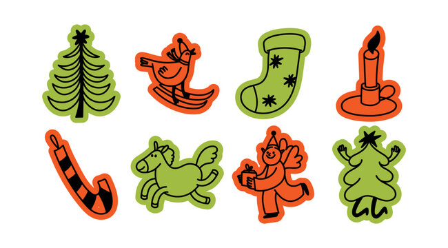 VEctor Christmas doodle stickers featuring a tree, bird on a sled, stocking, candle, candy cane, reindeer, elf with a gift, and festive tree character. Bold orange and green holiday illustrations