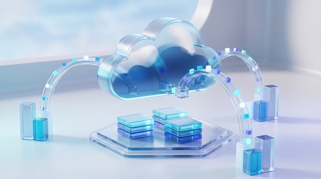 Cloud computing storage architecture showing data synchronization between floating server blocks and a central digital cloud icon in a clean bright 3d rendered environment