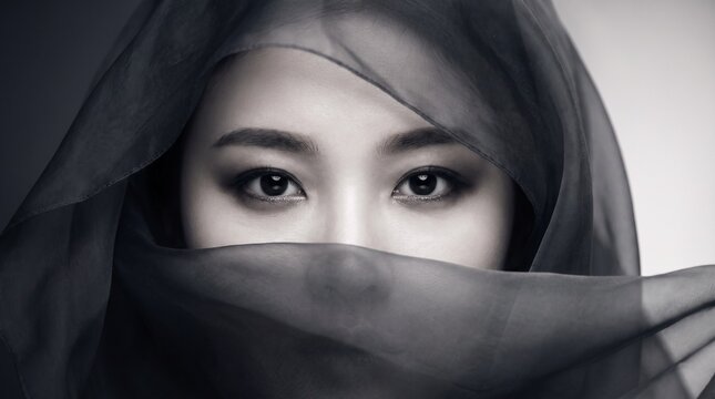 Woman Wearing a Black Headscarf with Intense Eyes Focused Forward in a Dramatic Black and White Studio Portrait Emphasizing Mystery and Elegance