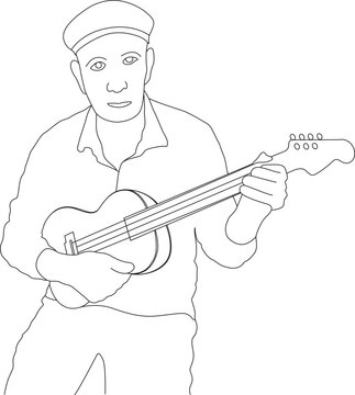 Man Playing Ukulele or Small Guitar Wearing Cap Line Art Vector Illustration in AI EPS SVG PNG