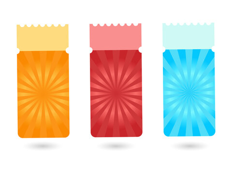 Set of three colorful event tickets with radial sunburst patterns and blank top sections for custom text transparent background