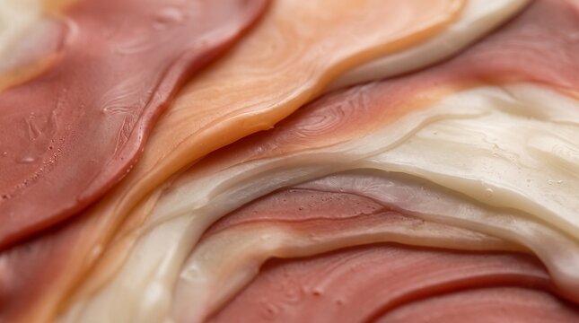 Close-up of layered cured ham slices with marbled fat texture