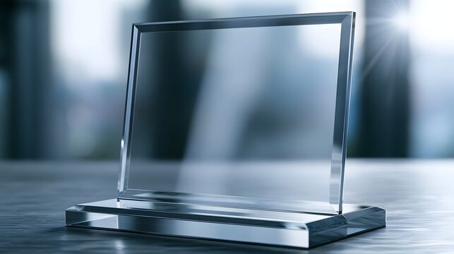 A sleek  transparent glass award plaque stands upright on a polished base  reflecting ambient light in a modern  minimalist setting