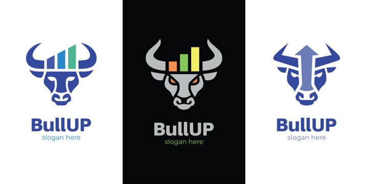 Bull head financial logo set with rising bar chart and upward arrow concept for stock market trading, investment firm, and financial planner and wealth management consultants