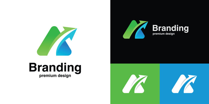 Gradient letter A and upward arrow logo with mountain peak/Triangle and forward path concept for financial company, travel agency, and business consulting