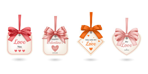 Set of valentine day gift tags with silk ribbon bows and romantic text messages on white background transparent background © Mahmuda