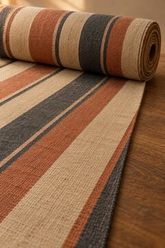 Rolled striped rug in rust beige and charcoal