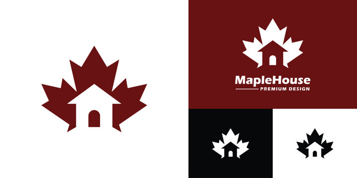 Maple leaf and house logo set with negative space silhouette concept for real estate agency, property developer, and Canadian housing company