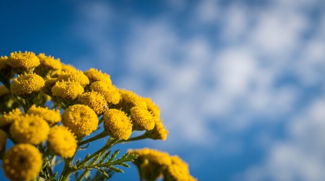 Extreme macro photography of bright yellow tansy button like flower clusters filling the corner in sharp focus against a beautifully blurred deep blue summer sky copy space
