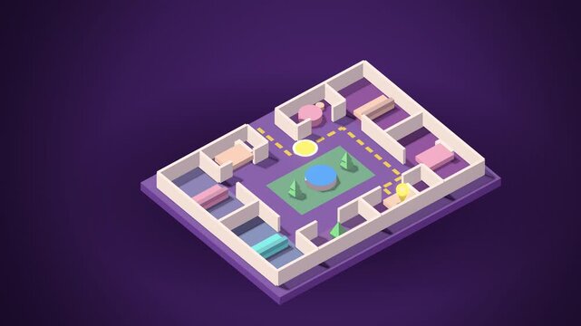 Purple isometric indoor floor plan navigation endless loop