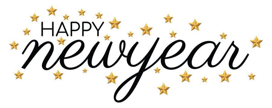 Elegant happy new year script typography with golden stars confetti