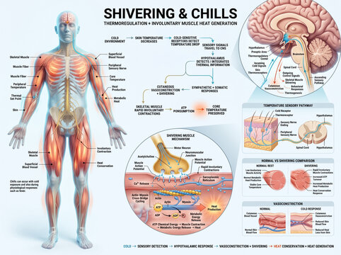 Detailed biological infographic explaining human shivering and thermoregulation mechanisms through muscle contractions with labels for anatomy and neurological pathways shown clearly