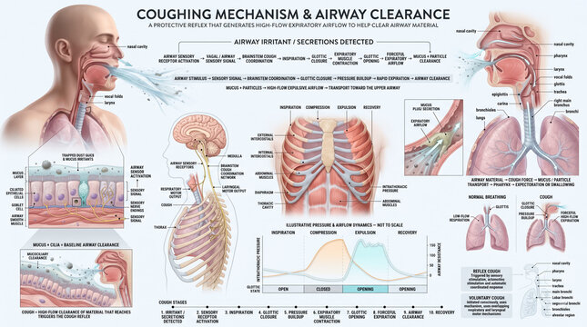 Detailed medical illustration showing human coughing mechanism and airway clearance processes through anatomical diagrams with clear informative labels and text descriptions