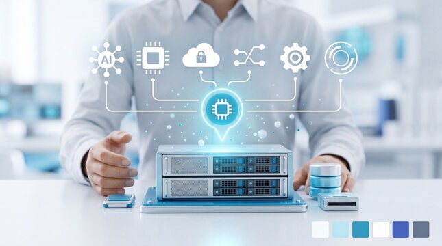 Business person managing data server hardware with digital interface icons in a modern office environment with representing artificial intelligence surrounded digital technology
