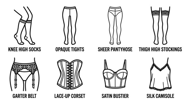 Collection of women intimate apparel and hosiery line art icons featuring socks tights corset camisole pantyhose stockings clothing underwear lingerie wardrobe accessory
