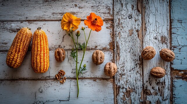 Rustic country style flat lay with corn flowers and walnuts on white painted wooden table