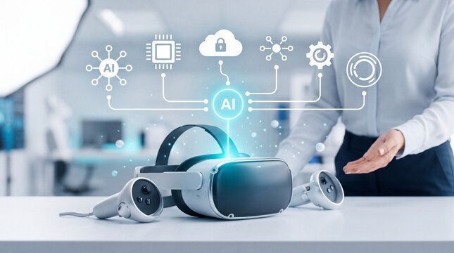Virtual reality headset with controllers and artificial intelligence icons on a desk in an office with hand controllers sit icons floating above them bright office
