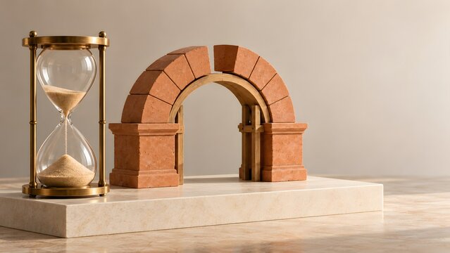 Brass sand hourglass standing beside a terracotta stone masonry arch supported by wooden centering on a marble base