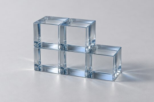 Five transparent glass cubes stacked on a pale surface