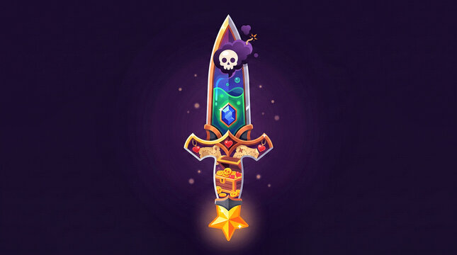 Fantasy game dagger with glowing magic potion and skull icon, cartoon fantasy blade vector illustration, RPG weapon asset