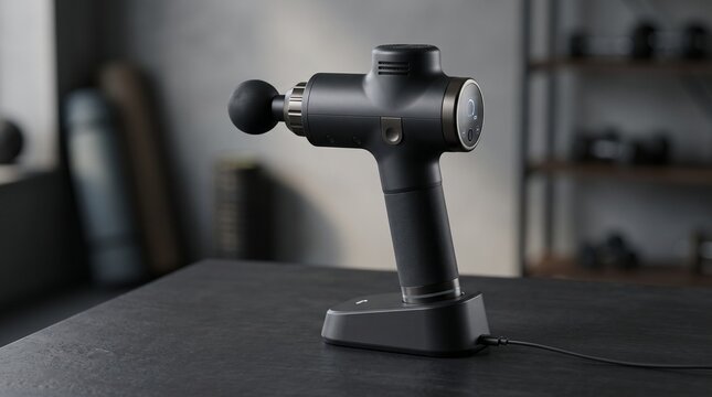 Black handheld massage gun resting on a charging base station in a