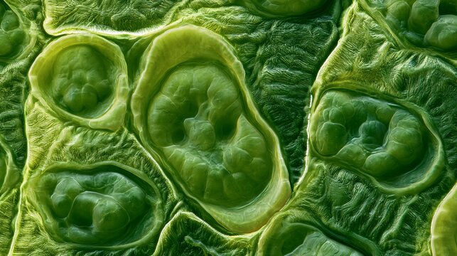 Extreme close-up of plant stomata on a leaf surface, kidney-shaped guard cells surrounding a
