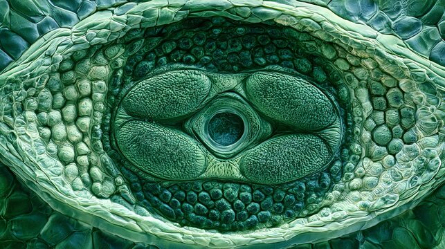 Extreme close-up of plant stomata on a leaf surface, kidney-shaped guard cells surrounding a