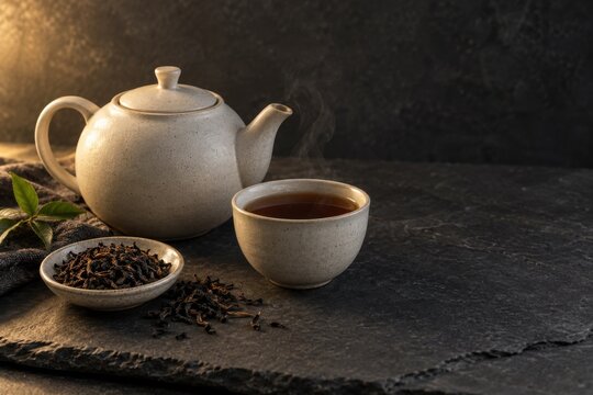 Ceramic teapot and tea cup with loose leaves on dark stone