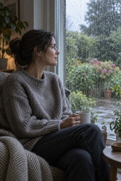 Woman holding a mug beside a rain-covered window