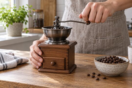 Hands turning a traditional wooden coffee grinder