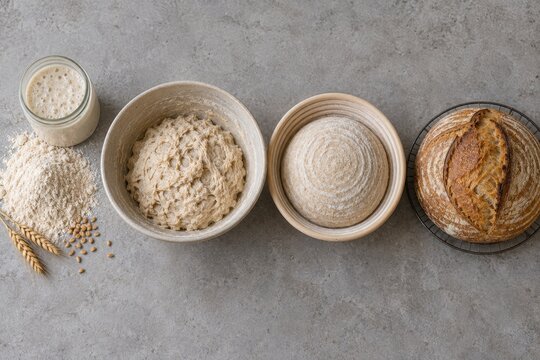 Bread-making stages from starter to baked loaf