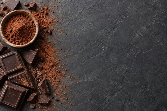 Dark chocolate and cocoa powder border on slate