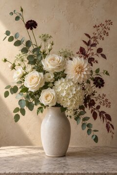 Cream and burgundy flowers arranged in a ceramic vase