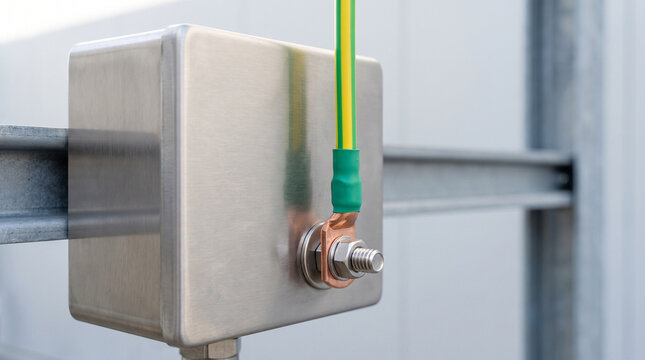 Stainless steel grounding box with yellow-green earth cable connected to industrial metal rail